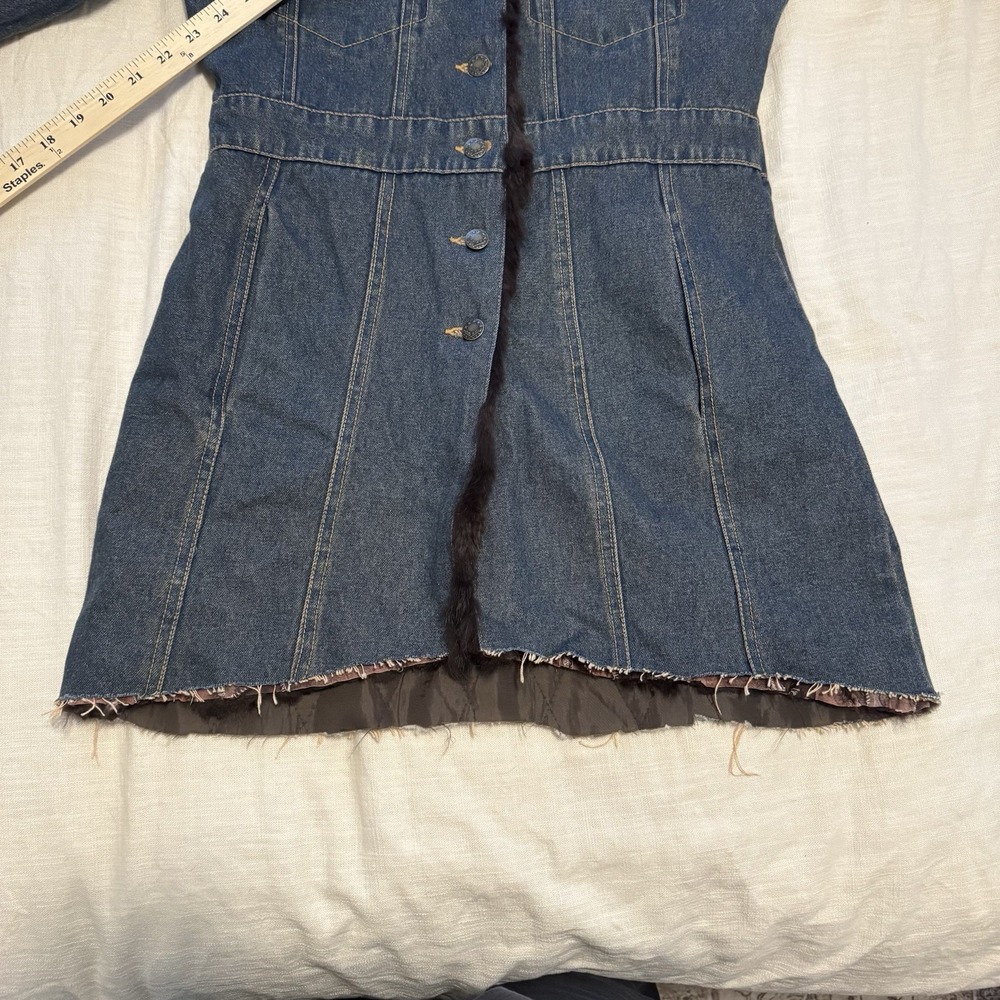VTG Mojo Moda Women's Denim Coat Rabbit Fur Trim Distressed Med 90s Y2K Mob Wife - Picture 11 of 11